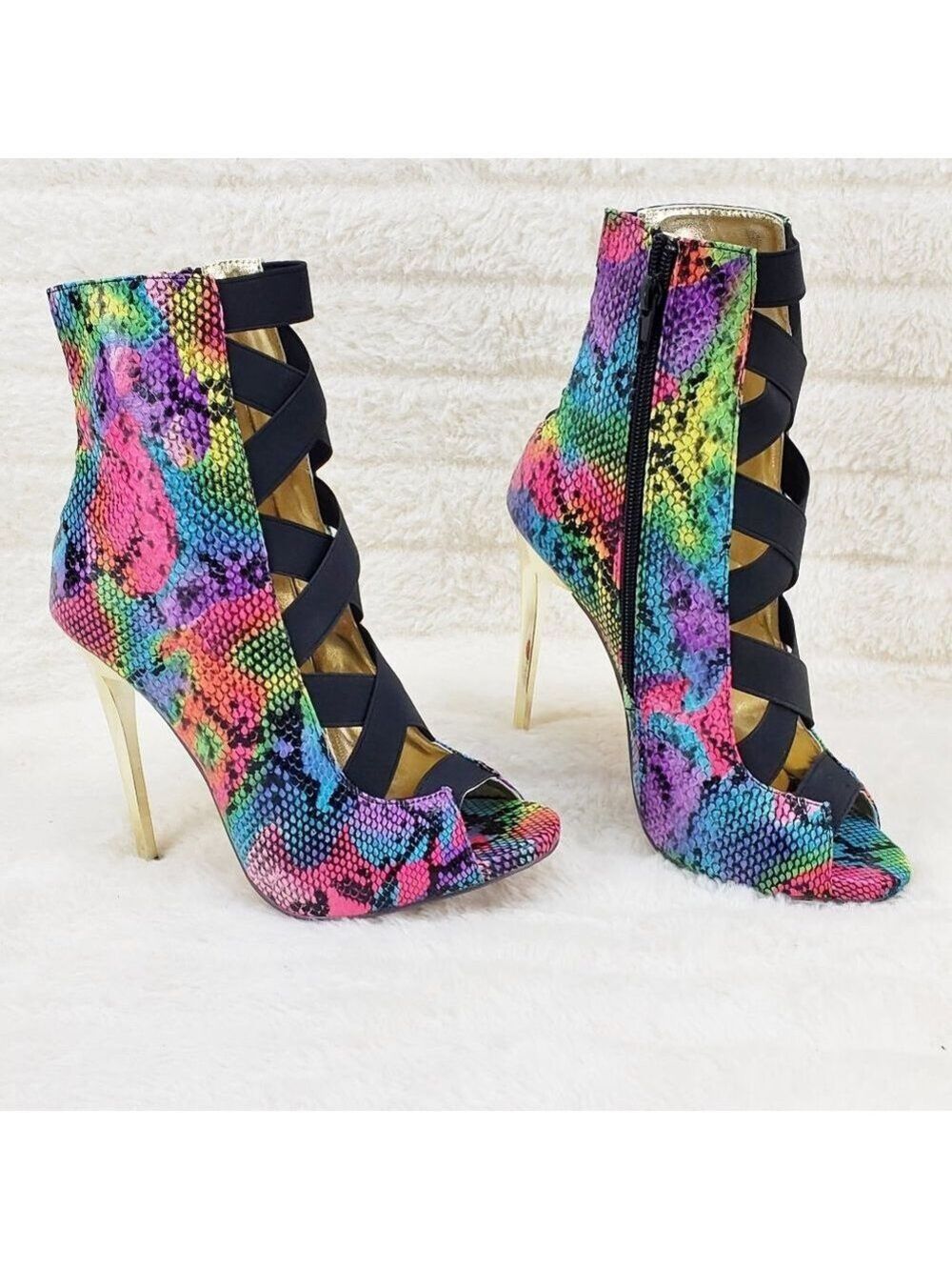 Bright Rainbow Snake Elastic Strap Gold Tone High Heel Stiletto Ankle Boots - Picture 9 of 10